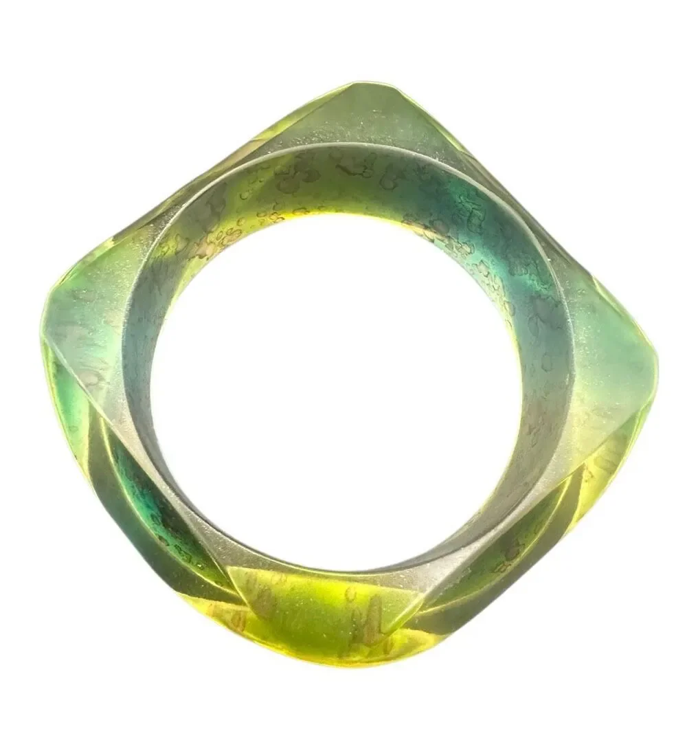 Artisan Resin Bangle Bracelet Green Teal Gold abstract wide statement cuff